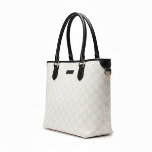 Vintage Gucci GG Canvas Tote Bag White Monogram Black Leather Trim